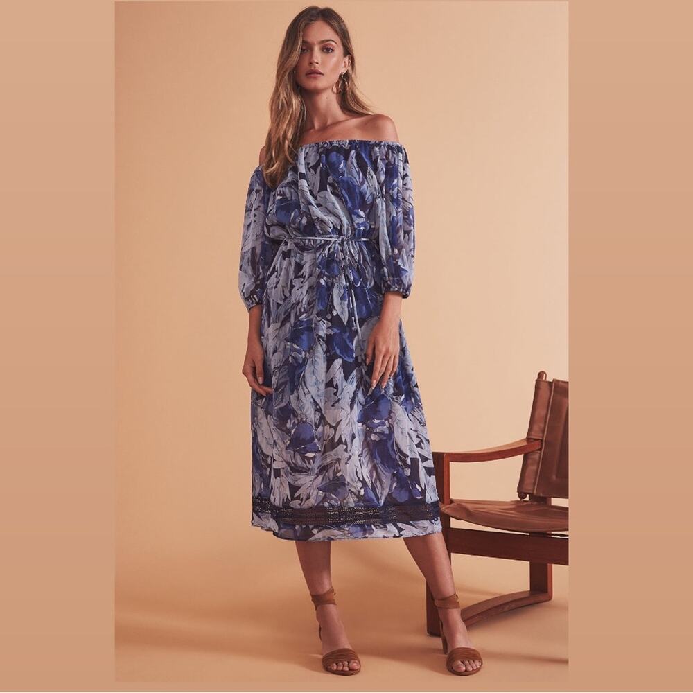 Tularosa Blue and White Off-Shoulder Midi Dress